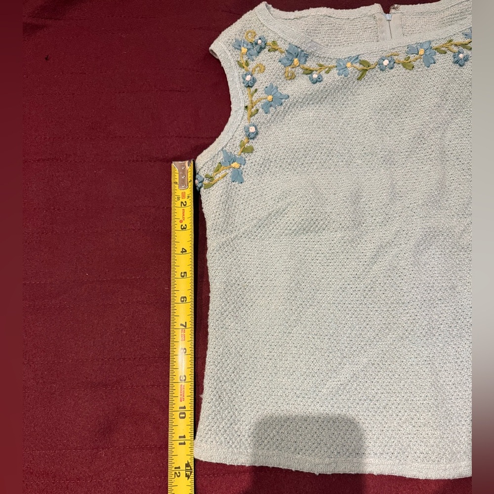 Vintage Mint Green Sleeveless Top and Skirt Set with Floral Ribbon Embroidery - Picture 6 of 10